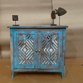 Handcrafted Indian Furniture Carved Solid Hard Wood 2 Mirror Doors Cabinet Blue